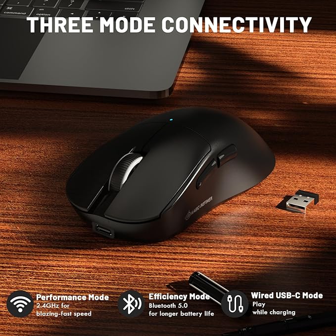 ZIYOU LANG×Magic-Refiner X2 Lightweight Wireless Gaming Mouse,Tri-Mode(2.4G/Wired/BT),24K DPI,PAW3311 Optical Sensor,1000Hz Polling Rate,500mAh,69g Ergonomic Mice for Medium-Large Hands-Black