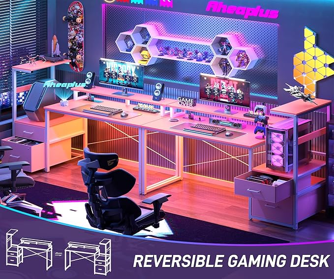 Aheaplus Gaming Desk with LED Strip & Power Outlet, 59Inch Reversible Computer Desk with Monitor Stand & Storage Shelves, Home Office Desks with Fabric File Drawer, Gamer Table PC Desk, Pink