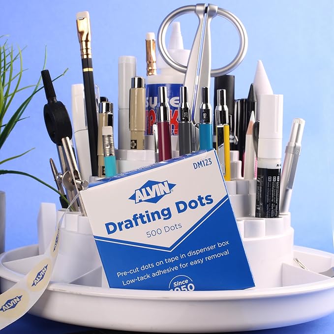Alvin Drafting Dots – 500 Pre-Cut 7/8” Dots, Low-Tack Adhesive, Clean Removal, Easy Dispenser Box – Ideal for Drafting, Tracing, and Art Projects
