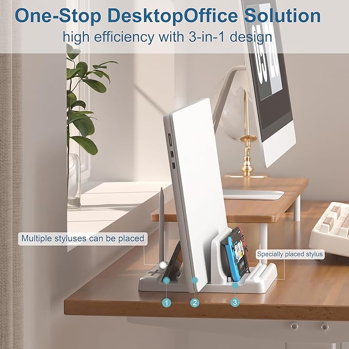 Vertical Laptop Stand Holder - Adjustable ABS Plastic Desktop Management Notebook Dock, Space-Saving 3 in 1 Compatible with All MacBook Pro Air, Mac, HP, Dell, Microsoft Surface (White-1 Slot Version)