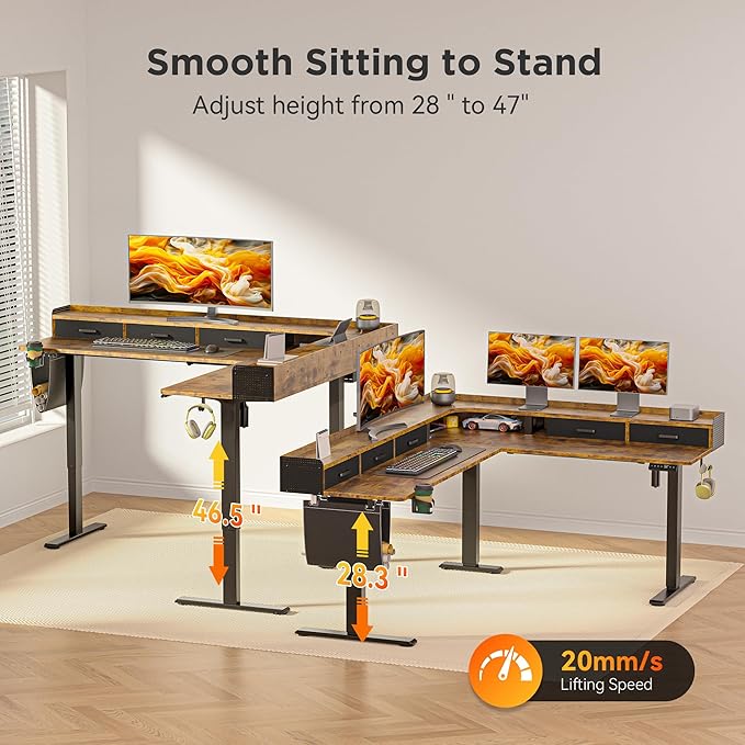 WALKINGDESK 75 Inches Height Adjustable L Shaped Standing Desk with 5 Drawers and Monitor Shelf, Electric Sit to Stand Home Office Comupter Table, Ergonomic Corner Gaming Desk, Rustic Brown