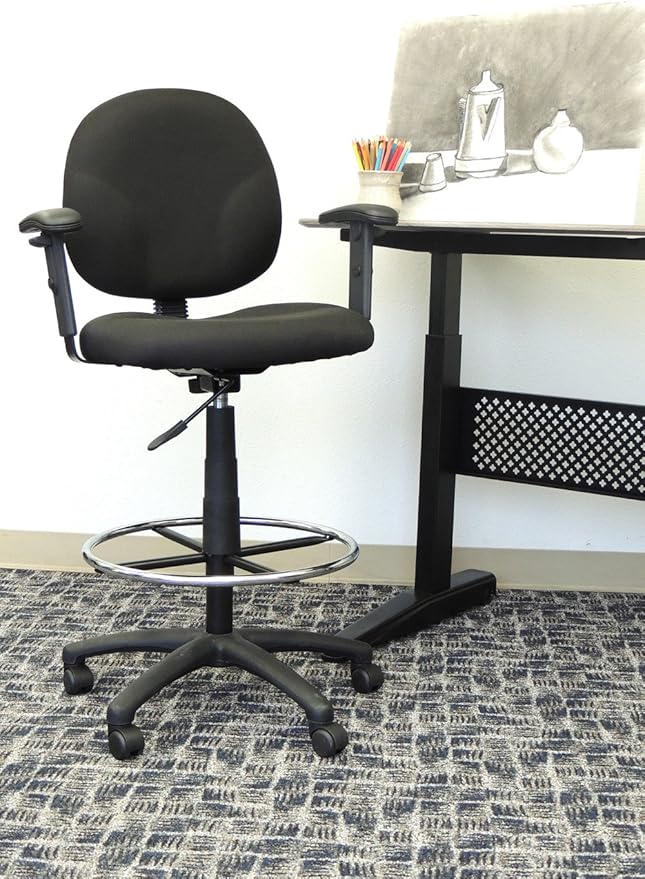 Boss Office Products B1691-BK Stand Up Fabric Drafting Stool with Adjustable Arms in Black