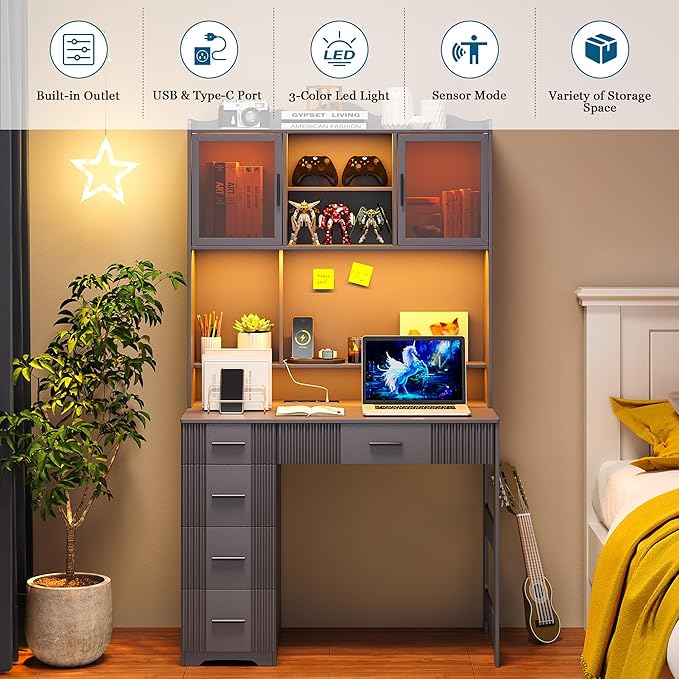 WOOVIVS LED Desk with Outlet Charging Station, Home Office Desk with LED Auto Lights, Computer Desk with Hutch and Drawer for Small Space, Workstation Writing Desk for Bedroom,Adjustable (Grey)