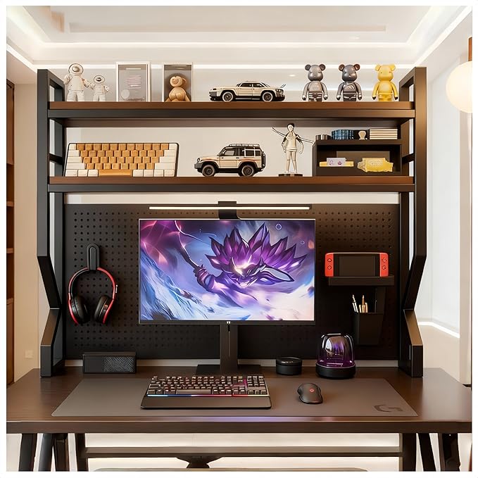 Desktop Hutch Bookshelf,Many Gifts,Metal Desktop Bookcase with pegboard, Desk Shelf, Countertop Storage Organizer Rack for Dorm or Office,Desktop Shelves (Natural+Black, 29.5" Lx9.9 Wx39 H)