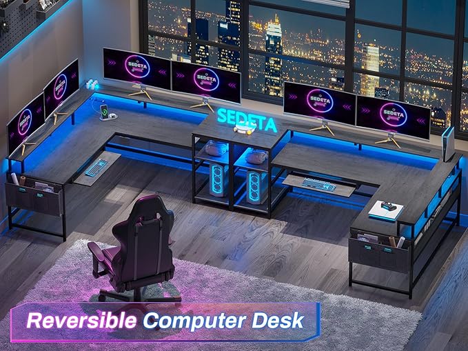 SEDETA L Shaped Gaming Desk, Convertible 96" Home Office Desk or Corner Desk, L Shaped Table with Power Outlets & LED Strip, Monitor Stand, Keyboard Tray, Pegboard and Storage Shelves, Grey