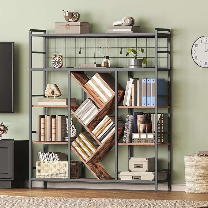 RALGEND Triple 5-Tier Bookshelf, Industrial Large Bookcase with 14 Open Display Shelves, Modern Tree Bookcase with Metal Frame and Hanging Function for Living Room, Home Office, Rustic Brown and Black
