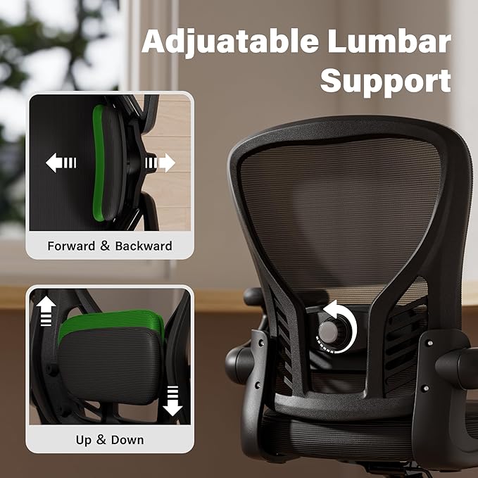 GYI Office Chair Ergonomic, Computer Desk Chair with Mesh Back, Adjustable Lumbar Support, 3D Flip-up Arms, Wheels, Black