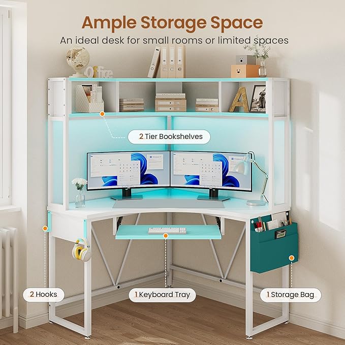 SEDETA Corner Desk, Small Computer Desk with Hutch & LED Lights, Triangle Corner Computer Desk with Keyboard Tray, Storage Bag, and Headphone Hook for Small Space, Home Office Desk, White