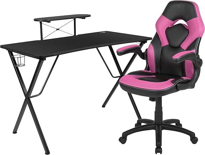 EMMA + OLIVER Black/Pink Gaming Desk Set with Headphone Hook, and Monitor Stand