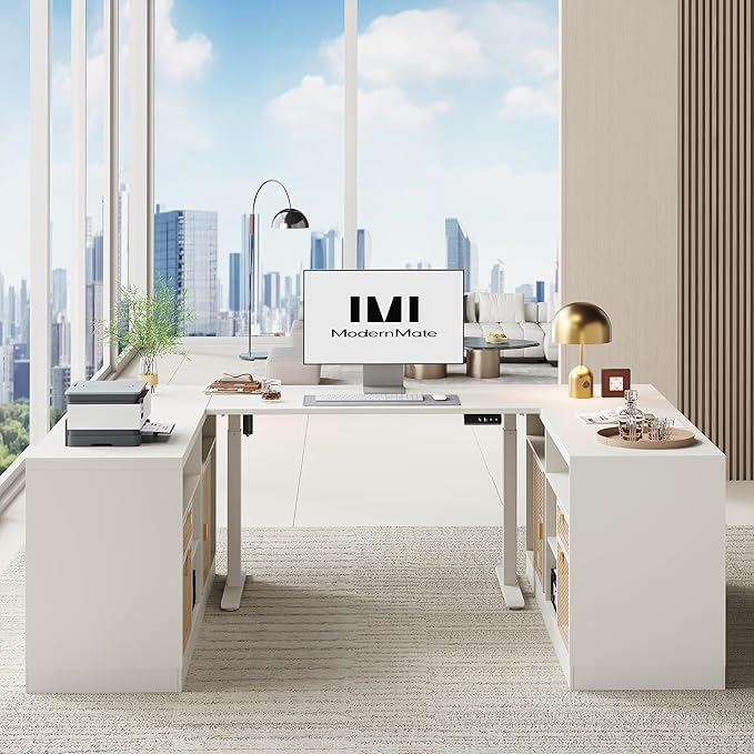 86" U Shaped Electric Standing Desk, Height Adjustable Executive Desk with Storage and Power Outlet, Large Home Office Furniture Sets, White Rattan