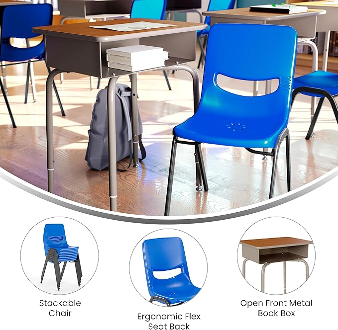 EMMA + OLIVER Jacobs Desk/Stackable Ergonomic Chair Set, Flex Comfort Seat Back, Adjusting Desk Legs, Metal Open Front Storage Box, Walnut Desktop/Navy Chair