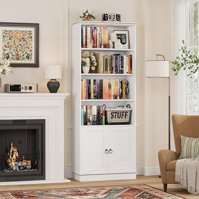HOSTACK 71" Tall Book Shelf and Bookcase with Doors, 6 Tier Wooden Bookshelf with Storage Cabinet, White Farmhouse Bookshelves and Bookcases, Free Standing Display Shelves for Home Office, Living Room