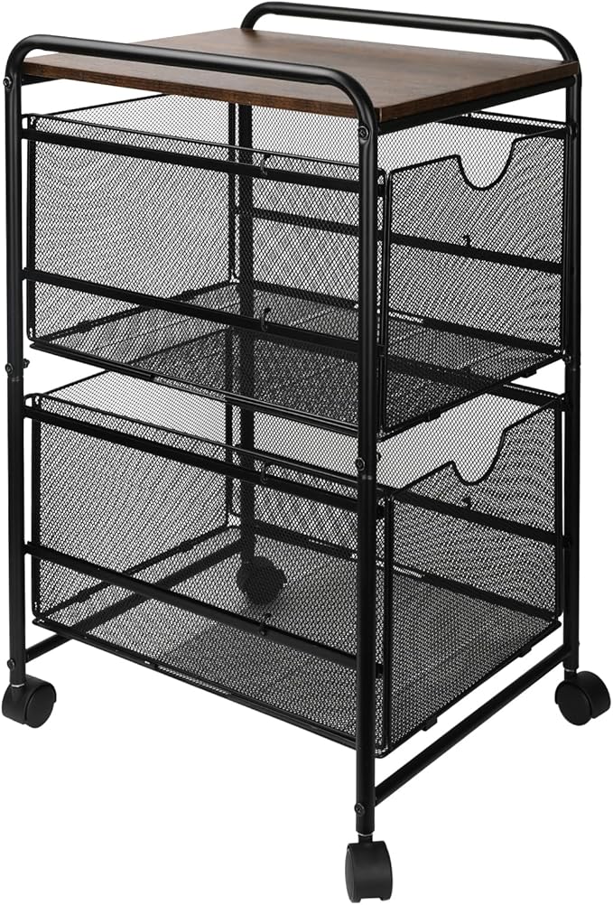 EasyPAG Rolling File Cart with 2 Drawers, Under Desk File Cabinet on Lockable Wheels, Hanging Folder Organizer with Wooden Printer Stand for Home Office
