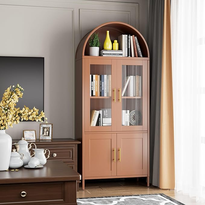 Metal Arched Bookcase Cabinet with 4 Doors,Arched Pantry Cabinet for Home Office Living Room,Required Assembly,Brown