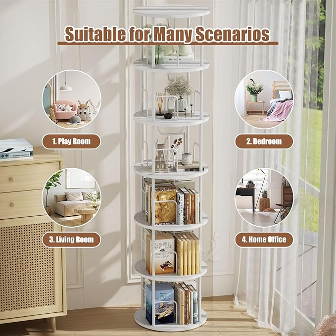 ALLSTAND 6 Tier Rotating Bookshelf, 360 ° Display Stackable Spinning Bookshelf Tower, Corner Bookshelf Tall Floor Standing Swivel Bookcase Narrow Storage Organizer for Bedroom, Living Room, White