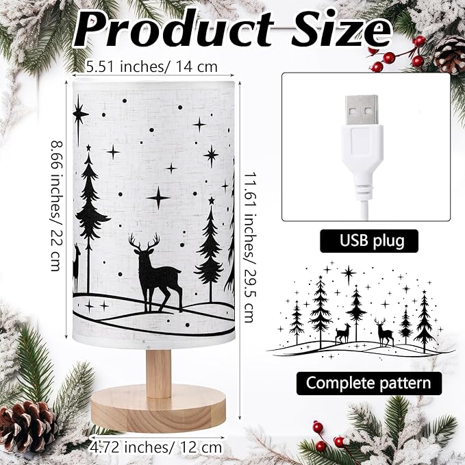 Glooglitter Christmas Lamp Christmas Decorations Indoor 11.6 Inch Small Xmas Tree Deer Bedside Table Light LED Desk Light USB Nightstand Lamp with Non Slip Wood Base Lampshade for Gifts Home Desk