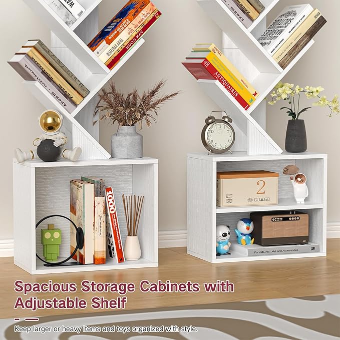 9 Tier Tree Bookshelf with Light, Remote, Timer & Cabinet, Dimmable Modern Tall Floor Standing Corner Book Shelf, Small Narrow Wood Bookcase for Living Room, Bedroom, Office(White)