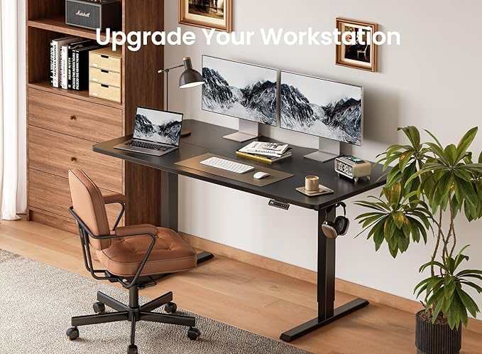 BANTI 55 × 24 Inches Standing Desk, Ergonomic, Electric Height Adjustable, Sit and Stand Up, Computer Office Desk with Splice Board, Black Frame/Black Top