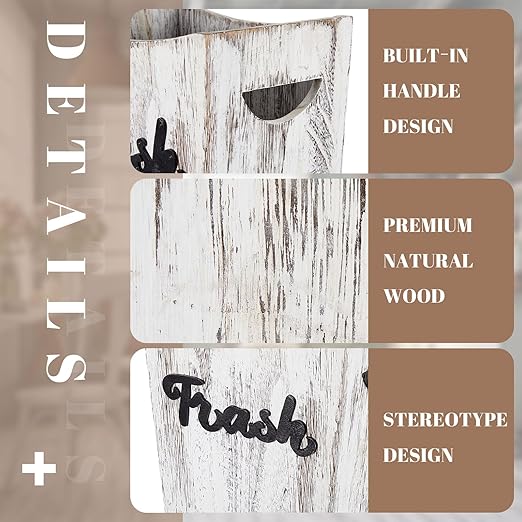 Maxcheck 2 Pcs Farmhouse Bathroom Wood Trash Can, 2 Sizes (3.35/2 Gallons) Rustic Square Wastebasket Bin with Convenient Handle for Bathroom, Kitchen, Bedroom, Office(White)