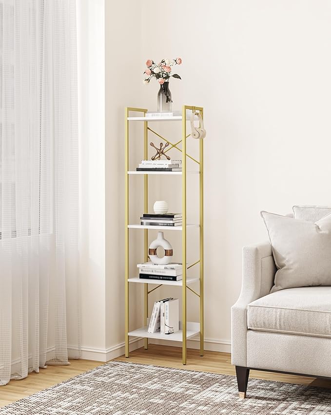 Hzuaneri Bookshelf, Book Shelf, Industrial Bookcase with 2 Hooks, Coner Shelf Storage Organizer for Home Office, Living Room, Bedroom, Kitchen, 5-Tier White Gold BC10513G