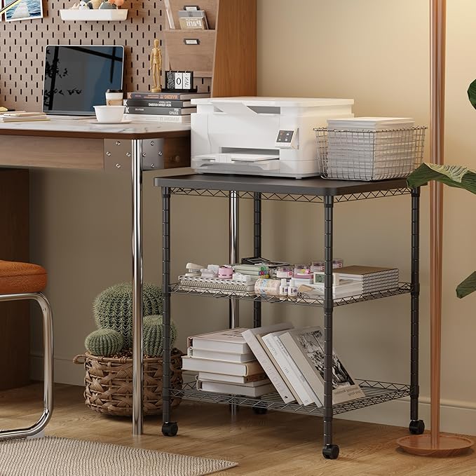 Printer Stand with Locking Wheels, Adjustable Heights 3 Tier Under Desk Table, Rolling Printer Cart Storage Paper Files Holder for Desk, Office, Home, Black