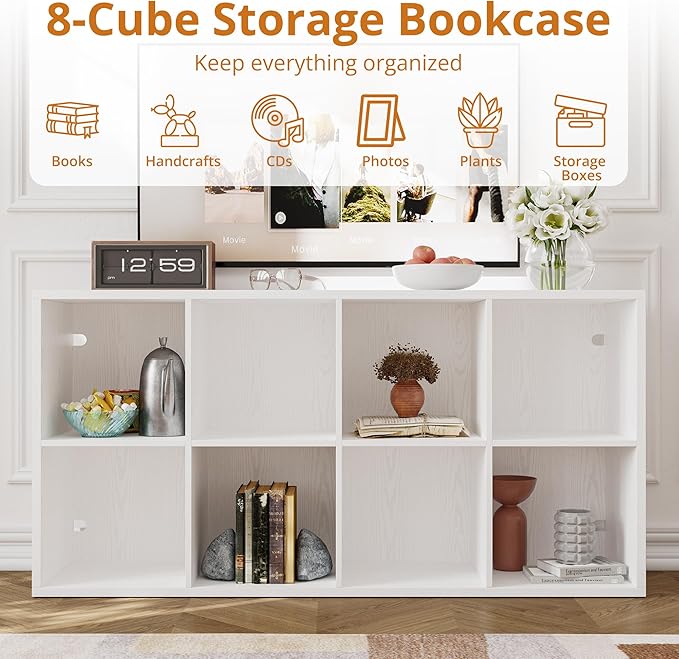 IROCNK Bookshelf, 8-Cube Storage Cube Shelf Organizer, Extra Thick Frame Horizontally & Vertically Reversible Bookcase with Open for Living Room, Bedroom, Home Office, White