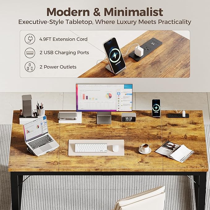 Mericonia 63 Inch Large Computer Desk with Power Outlets, 1.2" Thick Heavy Duty Industrial Office Desk, Modern Simple Study Writing Table for Home Office Bedroom Workstation, Brown