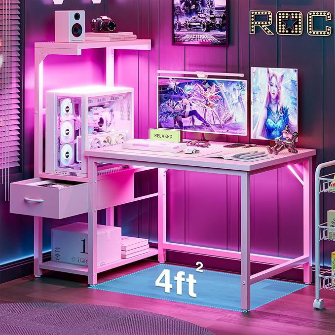 Grandder Gaming Desk 41 Inch with CPU Stand and LED Light, Computer Desk with Reversible Shelves and Storage Drawer, Pc Small Desk for Home Office Table with Bag, Pink