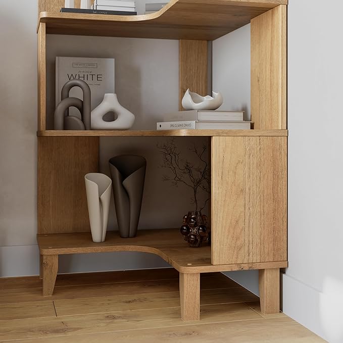 Prepac Nordik 6-Tier Natural Oak Modern Mid Century Corner Bookcase, 71.5" Extra Tall Corner Shelf with Storage, Multifunctional Freestanding Bookshelf for Home Office, Living Room, Bedroom