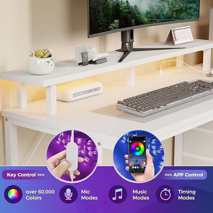 DUMOS L Shaped Gaming Desk with Shelves Storage Drawers 52'', White Computer Desks with LED Lights Power Outlets, Office Wood Table with PC Stand Cable Management for Bedroom Dual Monitor Streaming