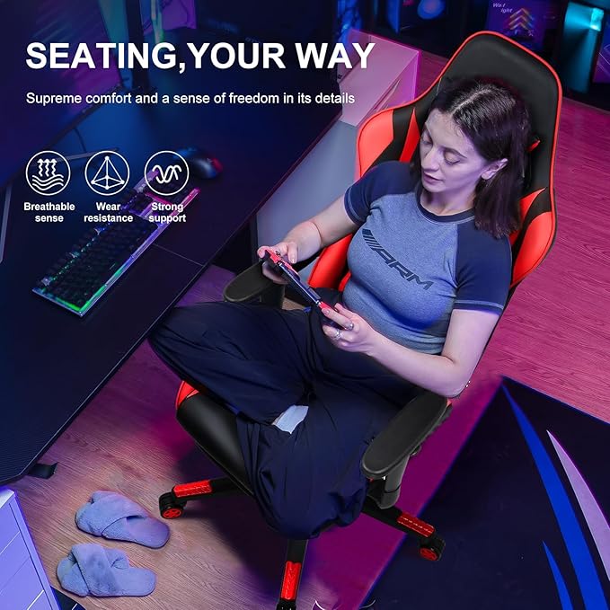 GTPLAYER Gaming Chair with Footrest, Ergonomic Computer Game Desk Chair, Reclining Game Chair Seat Height Adjustment, Swivel Rocker with Headrest and Lumbar (Red)