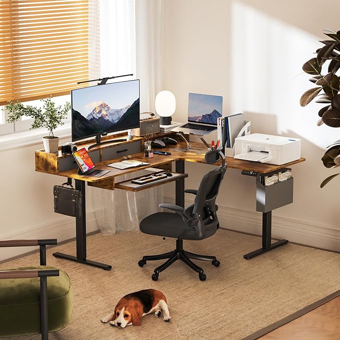 WALKINGDESK 63 Inches Height Adjustable L Shaped Standing Desk with 2 Drawers and Keyboard Tray, Electric Sit to Stand Home Office Comupter Table, Ergonomic Corner Gaming Desk, Rustic Brown