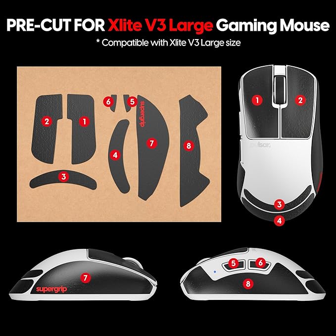 Pulsar Gaming Gears SUPERGRIP Griptape Set for Xlite v3 Large Sweat Absorbing High Performance Anti Slip 3M Adhesive no Residue Mouse Grip Tape Ultra-Thin 0.5mm (0.02in)