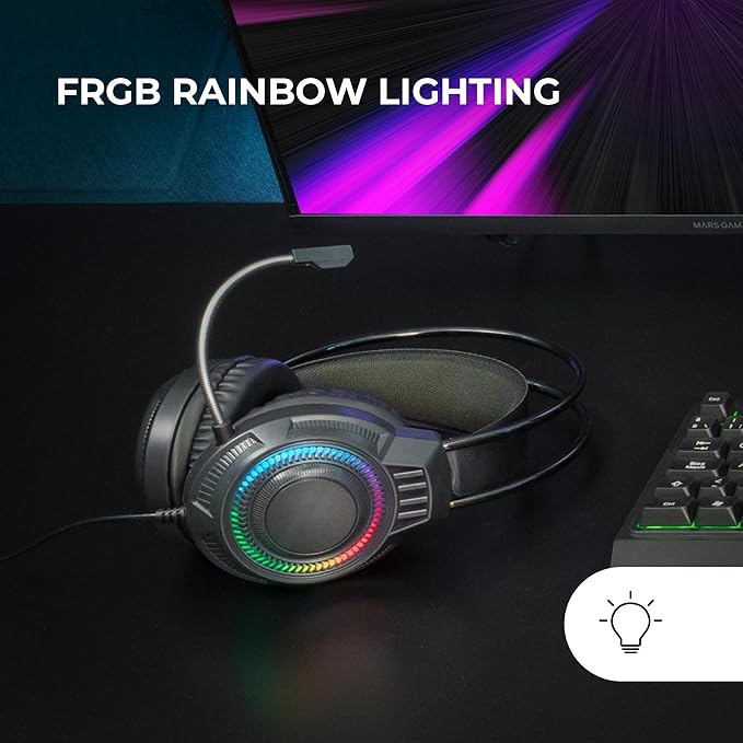 Mars Gaming MH124 FRGB Rainbow Gaming Headphones, Ergonomic Design, Flexible Microphone, Volume Control, Windows, Linux, Mac, PS4, PS5, Xbox One, Xbox Series X|S, Switch, Switch 2, Black