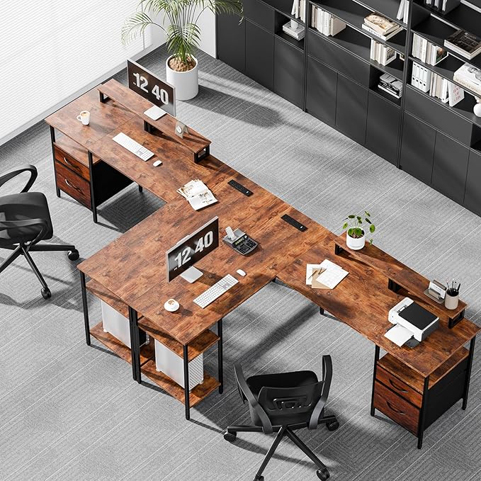 DUMOS L Shaped Gaming Desk with Charging Station & 2 Monitor Stands, Computer Desk with Drawer & Adjustable Storage Shelves, Large Corner Desk for Home Office, 62 Inch Rust Wood