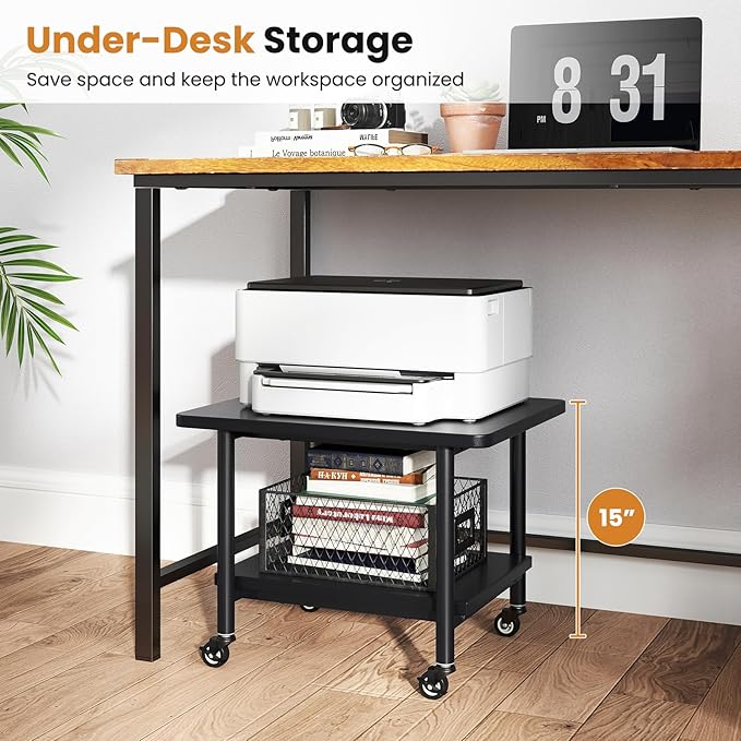 Giantex Under Desk Printer Stand, 2-Tier Mobile Printer Table with Storage Shelf, Lockable Wheels & Metal Frame, Rolling Printer Cart Holder, Storage Rack for Home Office Scanner Fax Machine (Black)