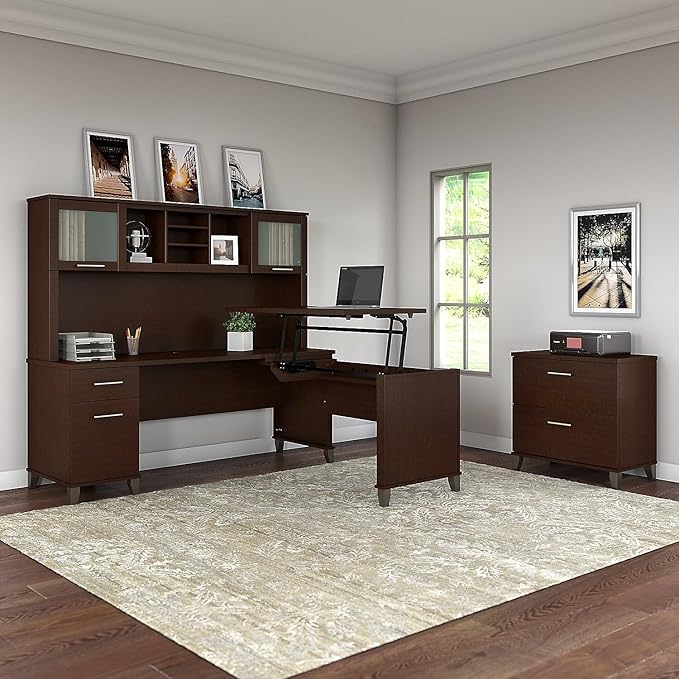 Bush Home Somerset 72W 3 Position Sit to Stand L Shaped Desk with Hutch and File Cabinet in Mocha Cherry