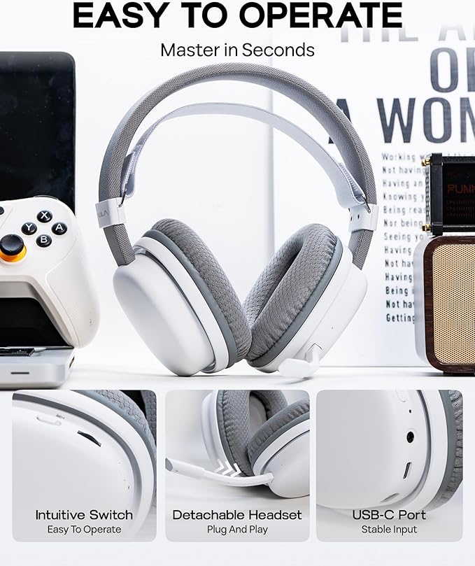 MechLands Aula G7 Wireless Gaming Headset for PS4/PS5/PC/Switch, Over-Ear Headphones with Detachable Noise Canceling Mic, RGB, Surround Sound, 60H Battery, 2.4GHz/BT/Wired (White)