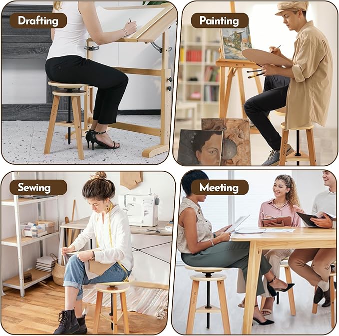 conda Adjustable Height Wooden Drafting Stool 19" to 26", Beech Wood Artist Stool for Drafting, Painting, Office, Studio, Kitchen, Bar, and Home Use