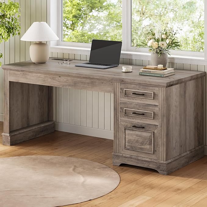 Itaar Farmhouse 55" Executive Desk, Computer Desk with Storage Drawers and Power Outlet, Home Office Desk, Workstation for Office Home, Grey