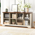 8 Cube Storage Organizer - 62" Long Farmhouse Wood Low Bookshelf, Horizontal Open Shelf Bookcase Cubby Storage Console Cabinet for Living Room, Entryway, Office, Antique White