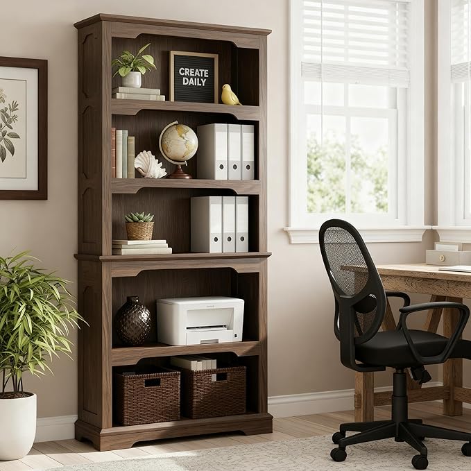 70 Inches Farmhouse Bookcase Bookshelf, Two-Tone Shelves, 5 Tier Bookshelf with Arched Trim, Home Office Living Room Storage Cabinet Unit, 31.5x11.8 Inches (Walnut, Open Shelf)