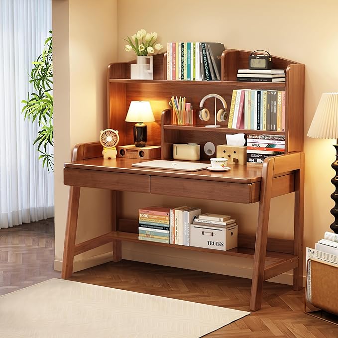 Kids Desk＆Table Wooden Children’s Study Desk with Bookshelf＆Two Drawers Children Study＆Writing＆Computer＆Workstation for 3 and Above(Brown
