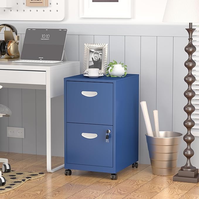 SteeLoong 2 Drawer File Cabinet with Lock,Blue Rolling File Cabinet for Home Office,Printer Stand, Metal Small Mobile Filing Cabinets on Wheels for Hanging Letter