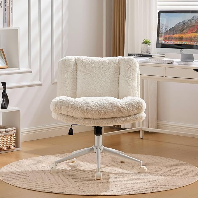 Goujxcy Desk Chair with Thickened seat Cushion, Modern Faux Fur Upholstered Home Office Chair, 360° Swivel Armless Desk Chairs, 120°Rocking Ergonomic Computer Task Vanity Chairs, Cream