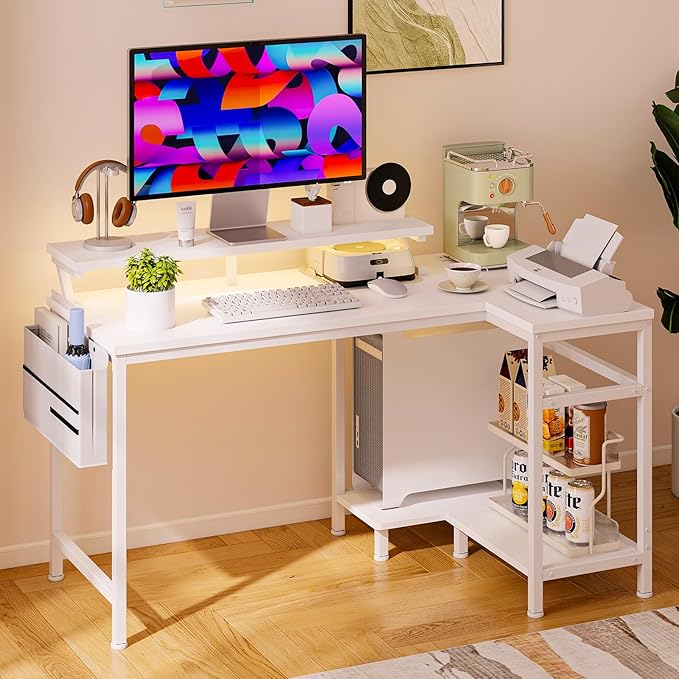 DUMOS Gaming Desk, Computer Desk with USB Charging Ports, Power Outlets, Type-C and LED Lights, Reversible L Shaped Desk with Storage Shelves & Monitor Stand for Office Gaming Room White 40IN