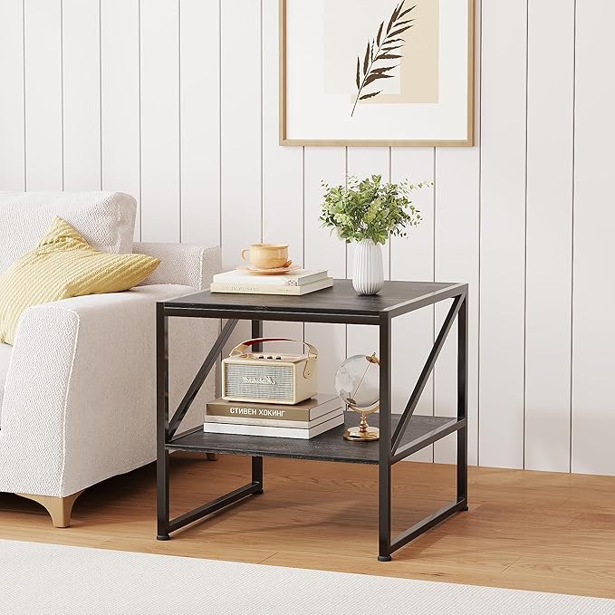 2-Tier Large Priner Stand with Storage Shelf, 20"×20" Under Desk Printer Table for Home Office Organization, End Table for Living Room, Heavy Duty Storage Rack for Scanner Fax Heat Press, Grey Oak