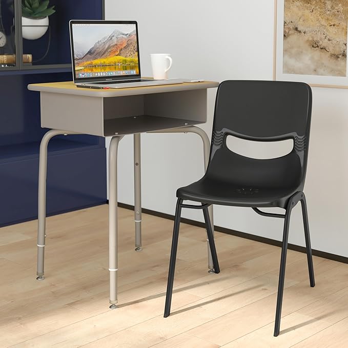 EMMA + OLIVER Jacobs Desk/Stackable Ergonomic Chair Set, Flex Comfort Seat Back, Adjusting Desk Legs, Metal Open Front Storage Box, Maple Desktop/Black Chair