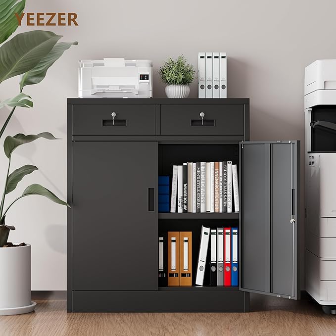 Metal Storage Cabinet with 2 Drawers, 36" H Locking Storage Cabinet, Metal Cabinets with Doors and Shelves for Home, School, Office, Garage, Black