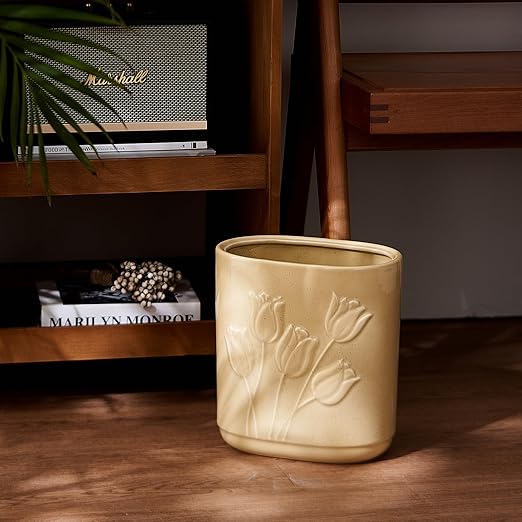Beige Ceramic Tulips Small Bathroom Trash Can 2.6 Gal (10 Liter) - Heavy & Decorative Garbage Bin for Bathroom, Kitchen, Office, Bedroom & Living Room Corner
